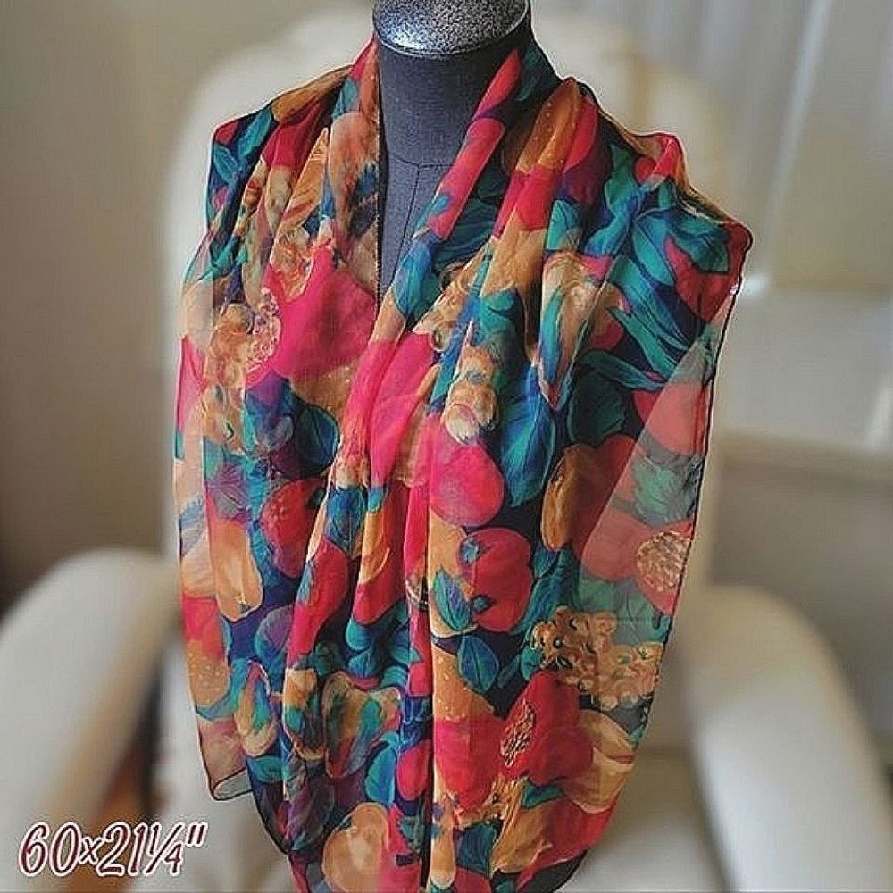 Vtg sheer chiffon apple & pear print shawl